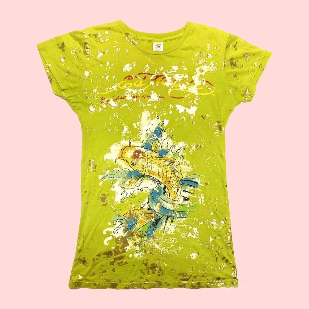 Ed Hardy Y2K Green Long Graphic Tee with Koi Fish
